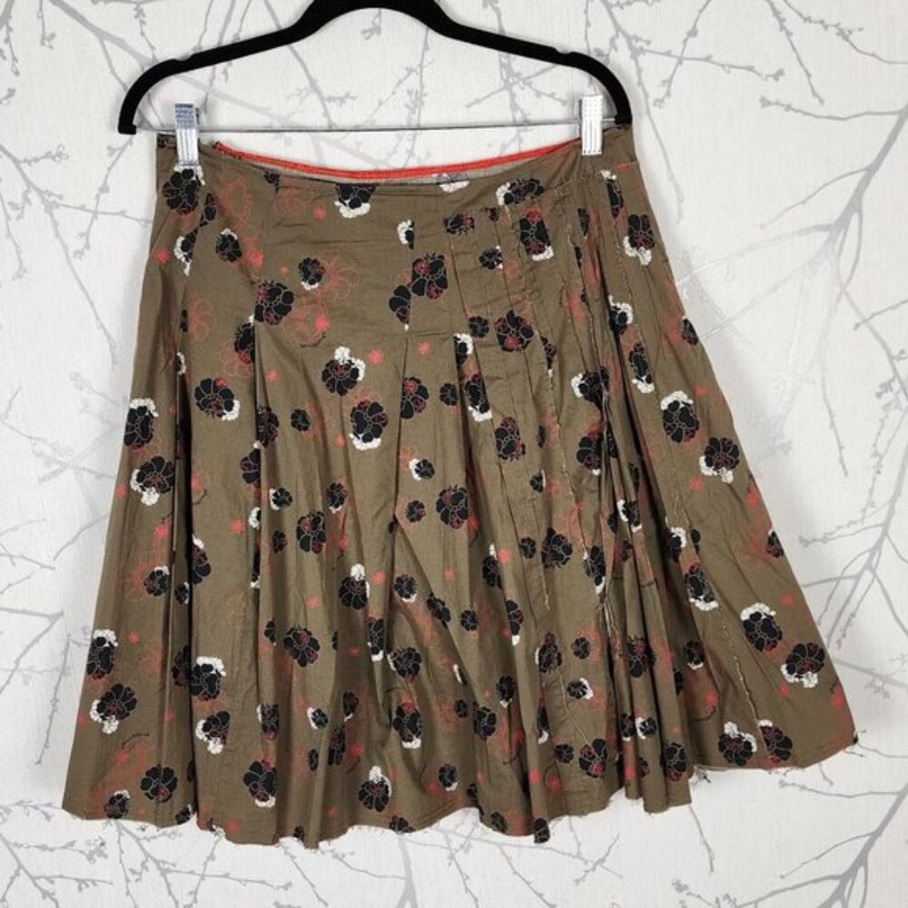 Skunkfunk Olive Green Floral Print Pleated Flowy Skirt Raw Hem Grunge